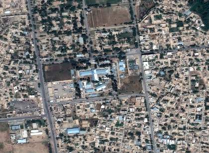Aerial view of Kunduz hospital (center), a clearly unique structure hard to confuse with any other building in the area